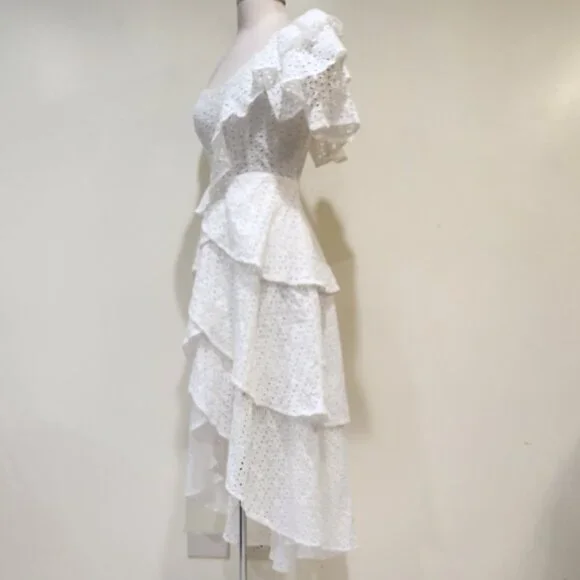 💋UBER GORGE!💋White Floral Crochet One Shoulder Ruffled Asymmetrical Dress - Picture 13 of 16